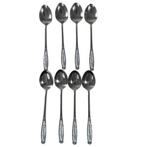 Set of 8 Vintage Stainless Steel L Spoons Floral White Blue Inlay Design Korea